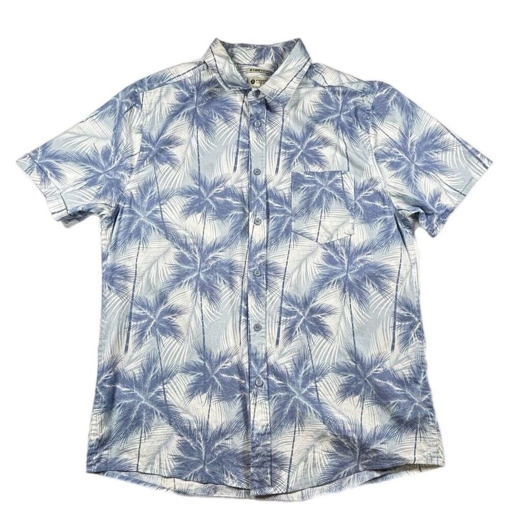 Haggar Button Up Shirt Men’s Size Large Blue White Palm Trees Short Sleeves Camp
